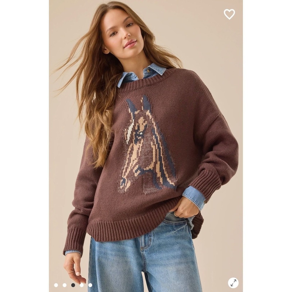 Altar'd State‎ Brown Horse Knit Crewneck Oversized Pullover Sweater Size Small